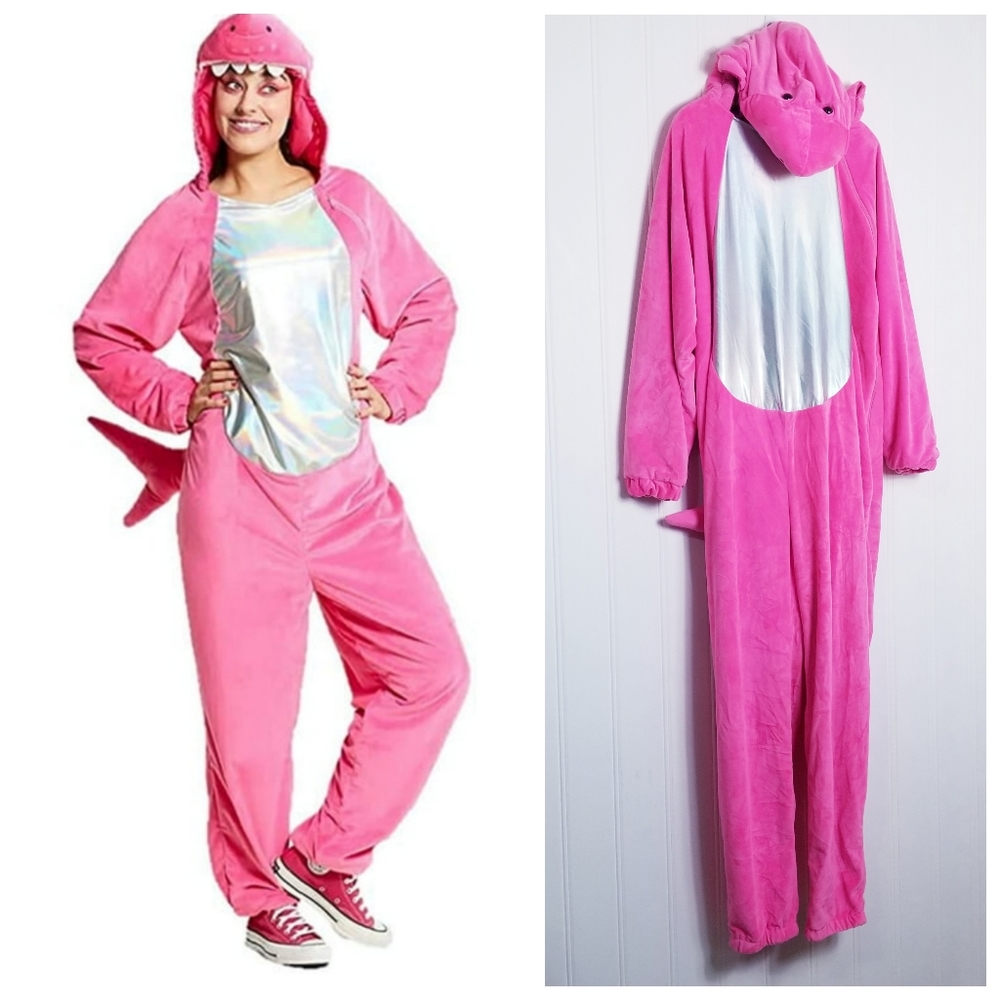 Pink Shark Costume Plush Velour Jumpsuit Halloween Women's Size L